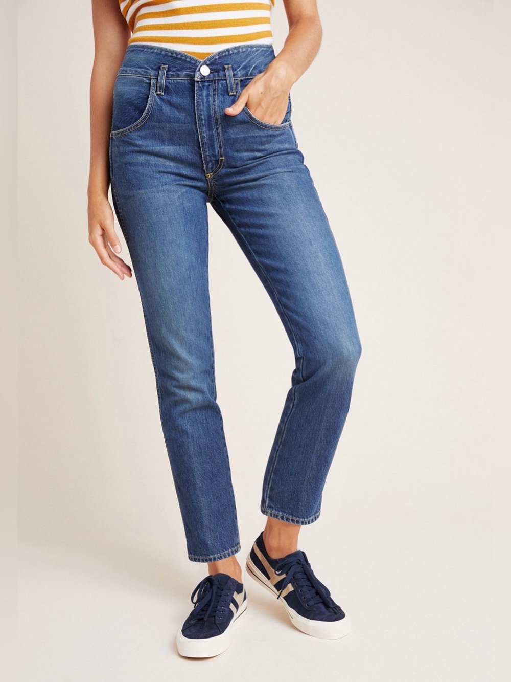 AMO Tulip High Rise Slim Straight Jeans in Dark Vintage Blue Sz 25